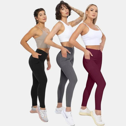 Women'S Fitness Leggings 3 Pack with Handy Pockets, High Waist, Flattering Fit, Lightweight, Machine Washable, All Seasons, Microfiber