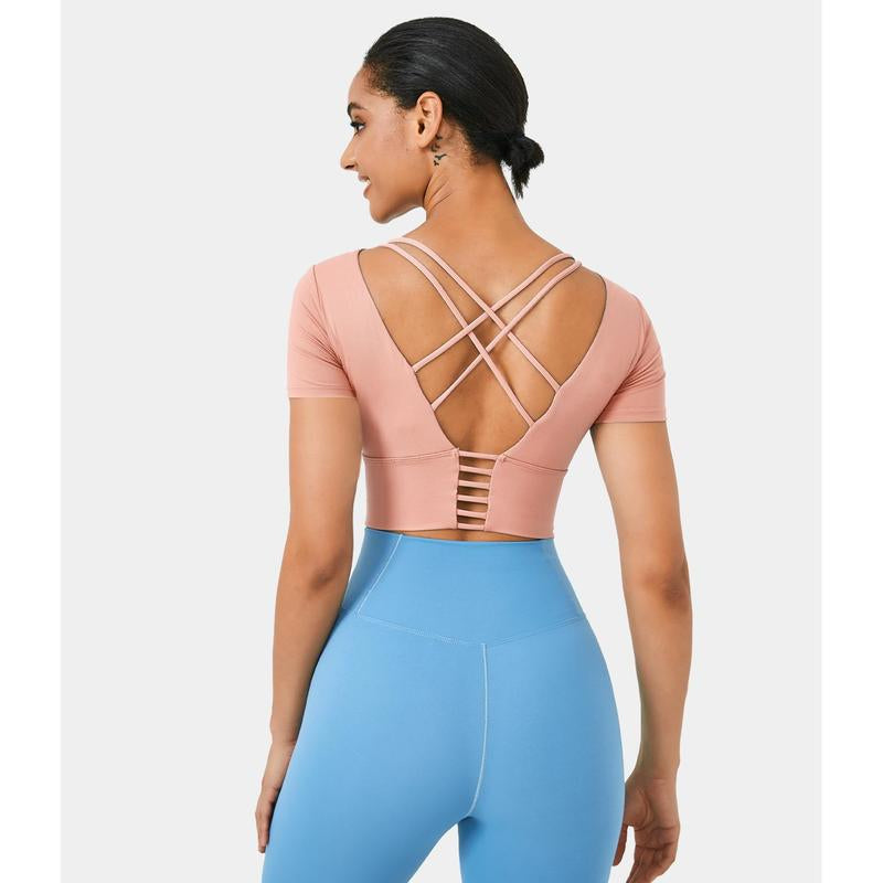 Halara round Neck Short Sleeve Backless Crisscross Cropped Sports Top