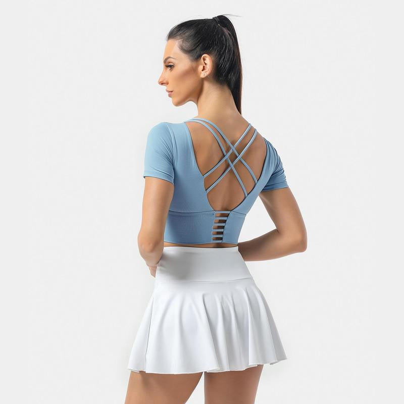 Halara round Neck Short Sleeve Backless Crisscross Cropped Sports Top